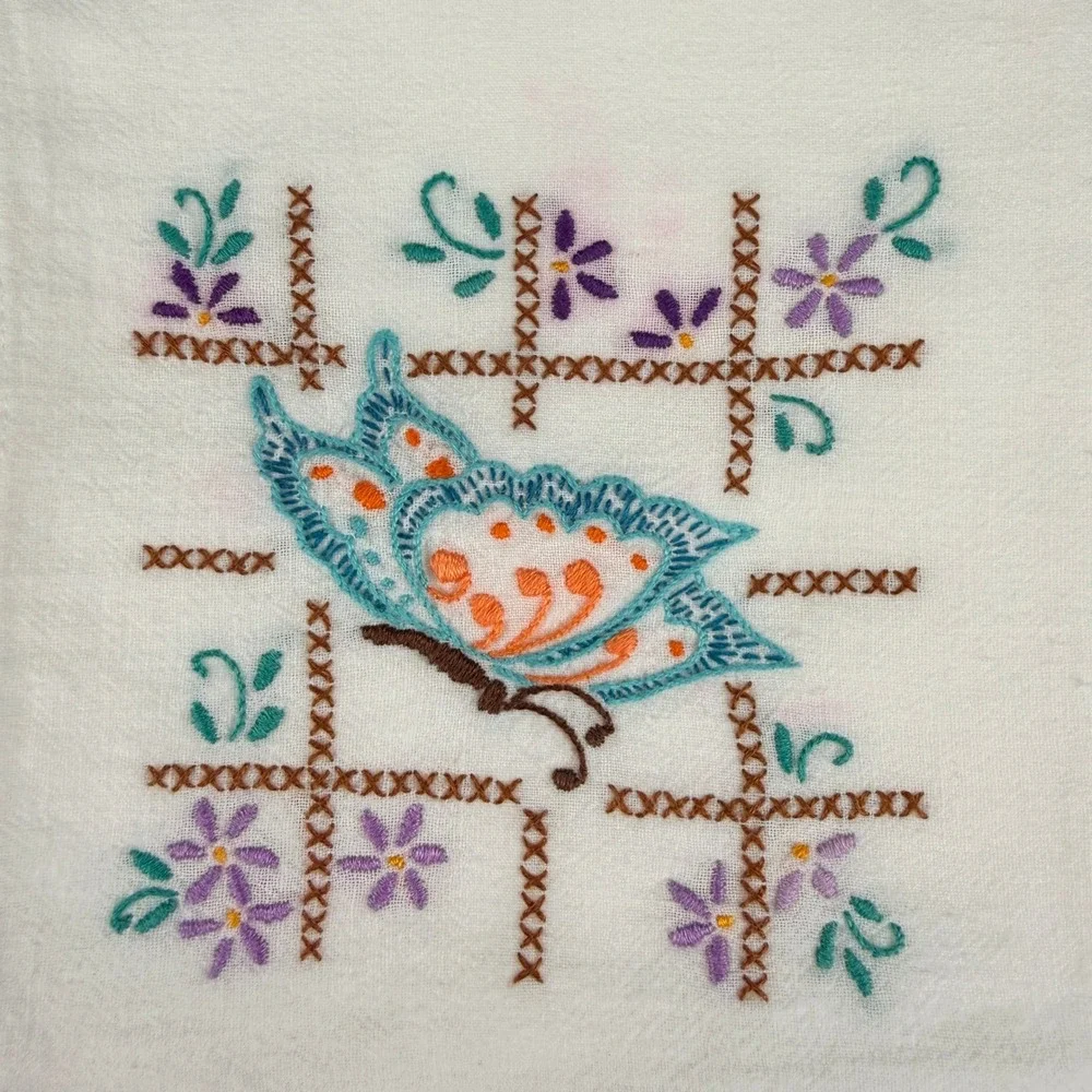 Vtg Hand Embroidered LARGE Butterfly‎ Tea Towels Set of 3 White Cotton Floral